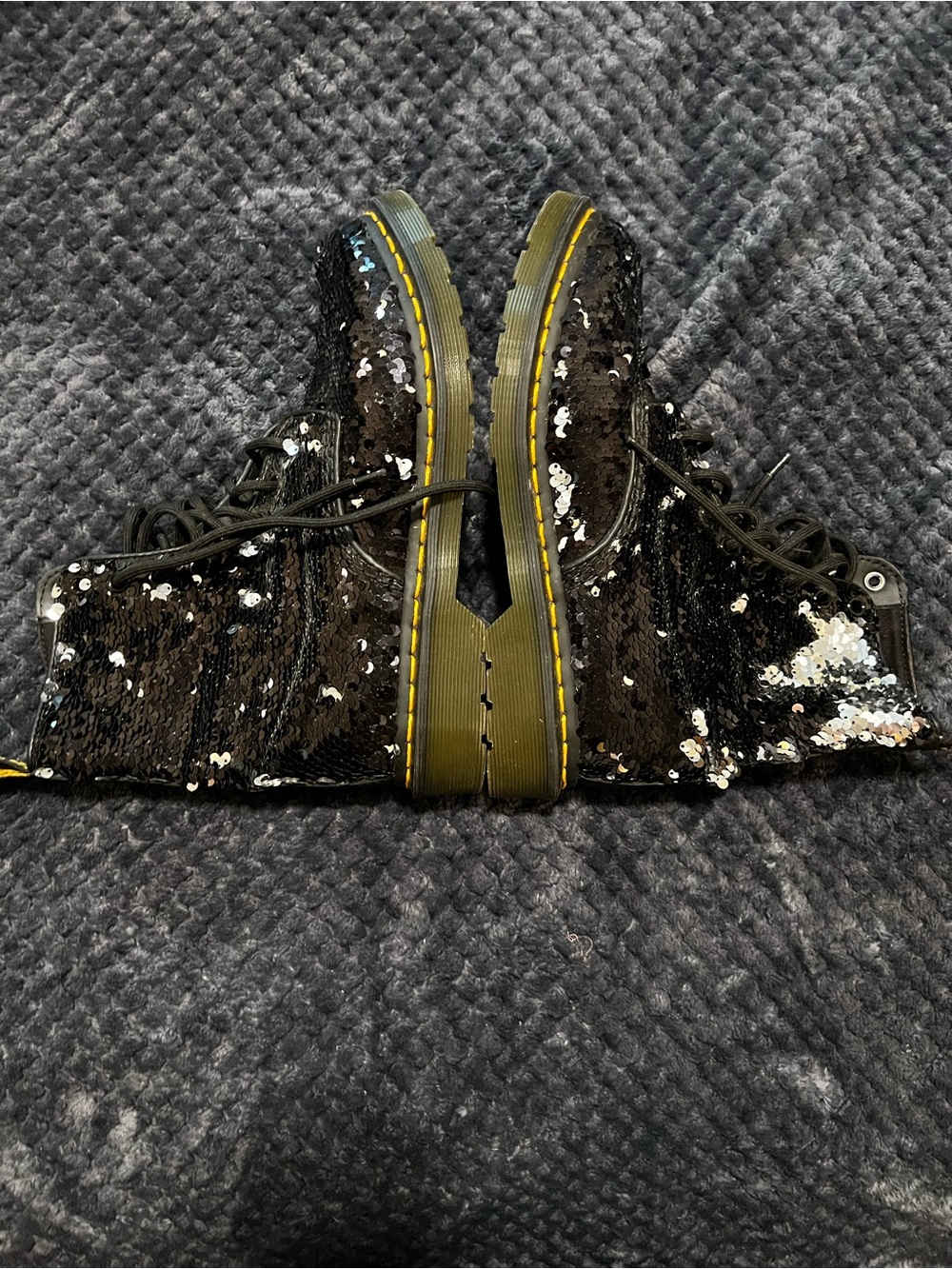 Dr. Martens Black Sequin Combat Boots with Yellow Trim - Picture 3 of 5